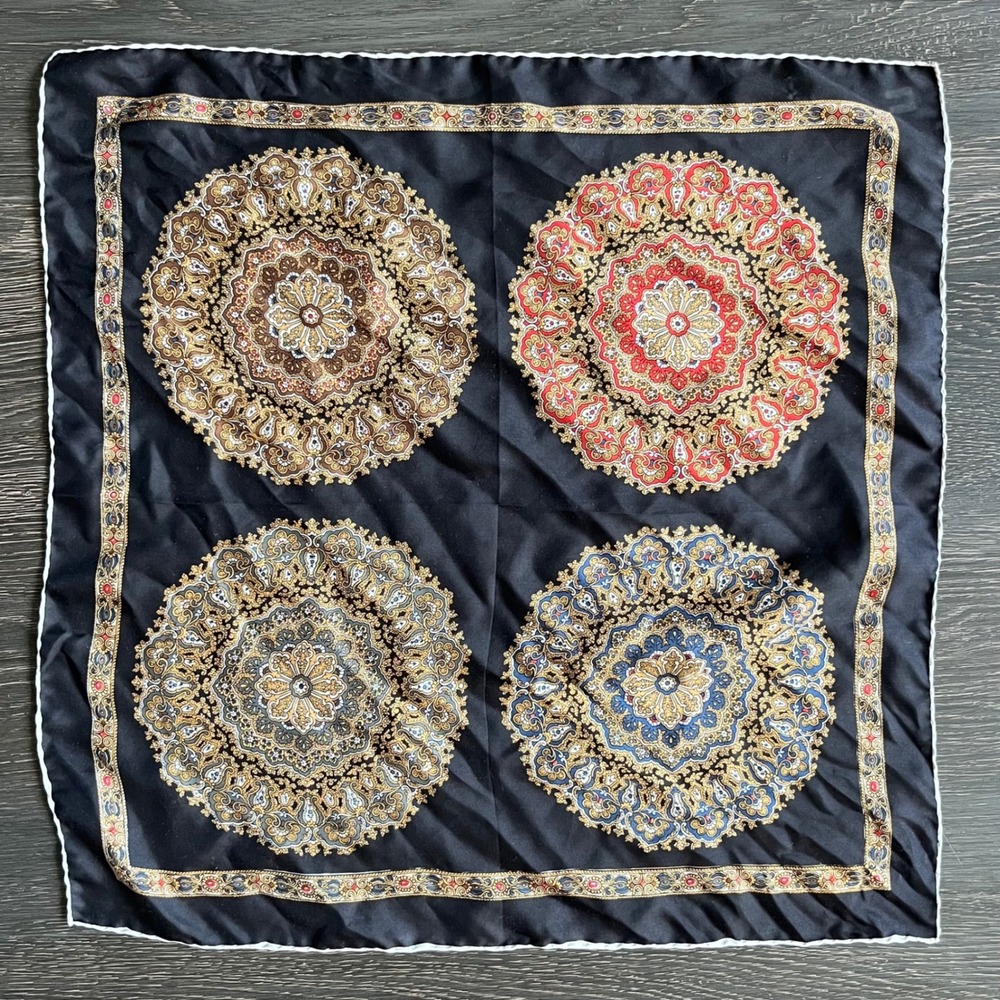 VTG Ashear Silk Scarf Made in Italy Hand Rolled Black Mandala Medallion Square